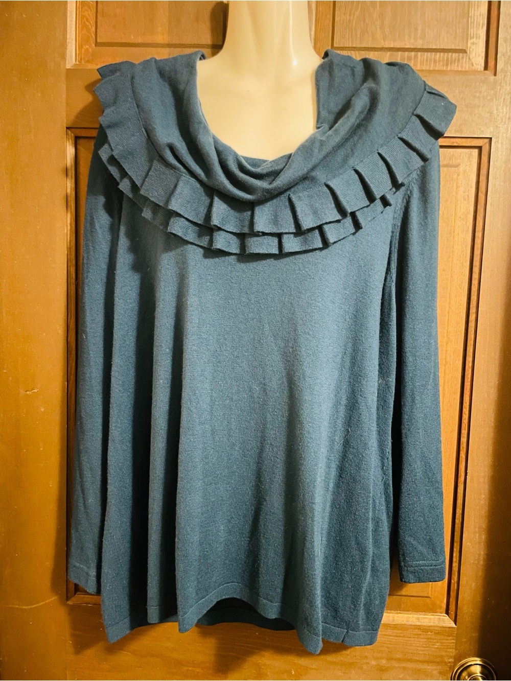 Tahari Teal Ruffled Cowl Neck Sweater